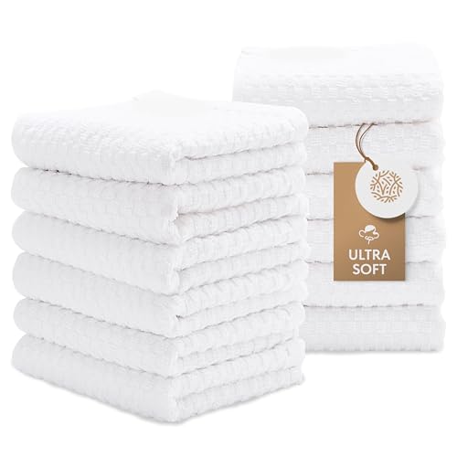 [12 Pack] Cotton Kitchen Towels - Waffle Weave for Embroidery Absorbent Terry Cloth Dish Towels for Washing Hand and Drying Dishes Rags 15x26 Inches, White