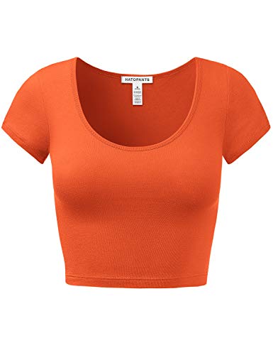 Women's Cotton Basic Scoop Neck Crop Tops Short Sleeve Tops Orange L