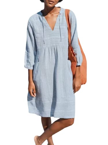 Women Cotton Linen V Neck Midi Length Dress Loose Summer Half Sleeve Dress with Pocket