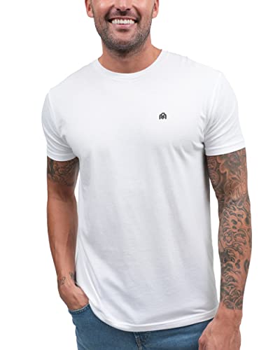 INTO THE AM Men's Fitted Crew Neck Logo Basic Tees - Modern Fit Fresh Classic Short Sleeve T-Shirts for Men (White, Large)