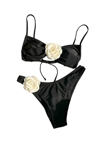 OYOANGLE Women's 2 Piece 3D Rose Bikini Swimsuit Spaghetti Strap High Waisted Bathing Suit Beachwear Black Large