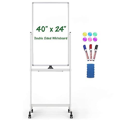 Mobile Whiteboard, 40 x 24 inch Magnetic Rolling White Board with Stand, 360° Reversible Double Sided Writing Dry Erase Board on Wheels Easel Standing Marker Board with Tray for Office Classroom Home