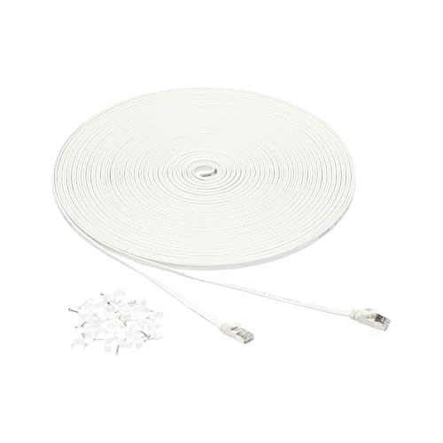 Amazon Basics RJ45 Cat 7 Ethernet Patch Cable, Flat, 600MHz, Snagless, Includes 25 Nails For Printer, 100 Foot, White