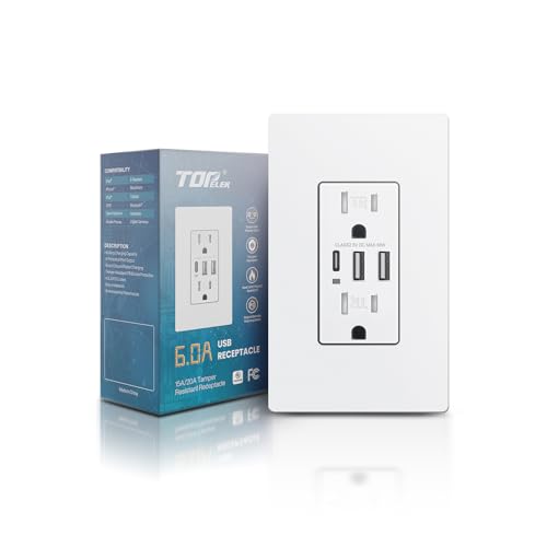 TOPELER USB Wall Outlets, 3-Port USB C Outlet Receptacles, 30W 6.0A USB Electrical Outlet, 15 Amp Tamper-Resistant Outlet with USB C Ports, UL & FCC Listed, Screwless Wall Plate Included, White