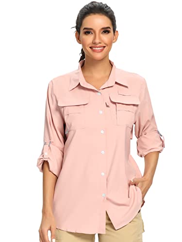 Jessie Kidden Women's UPF 50+ UV Sun Protection Safari Shirt, Long Sleeve Outdoor Cool Quick Dry Fishing Hiking Gardening Shirts (5055 Pink XL)