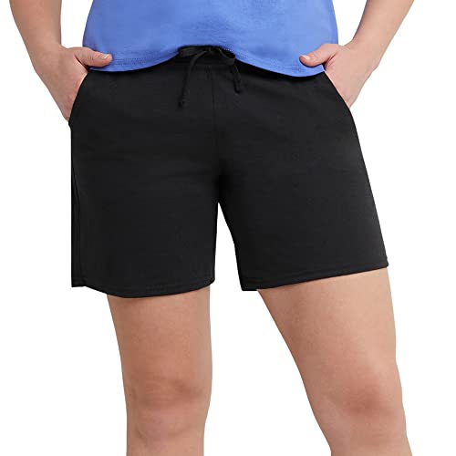 Hanes Women's Pocket Drawstring Cotton Inseam Shorts, Black, Large