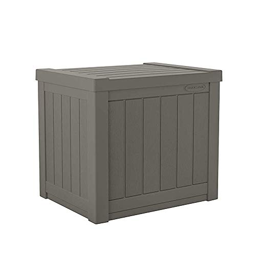 Suncast 22-Gallon Small Deck Box - Lightweight Resin Indoor/Outdoor Storage Container and Seat for Patio Cushions and Gardening Tools - Store Items on Patio, Garage, Yard - Stone Gray