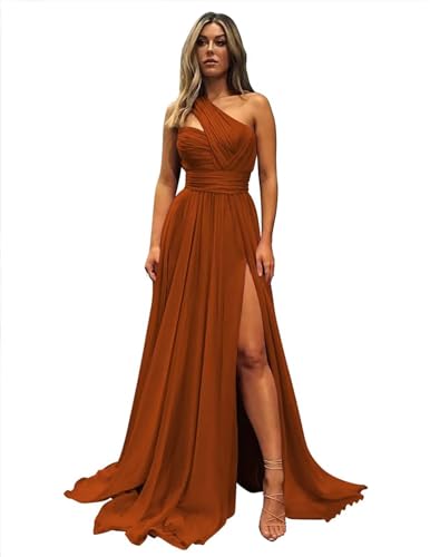 Mollyevers One Shoulder Burnt Orange Bridesmaid Dresses Long with Pockets Chiffon A Line Formal Evening Gown with Slit Size 4