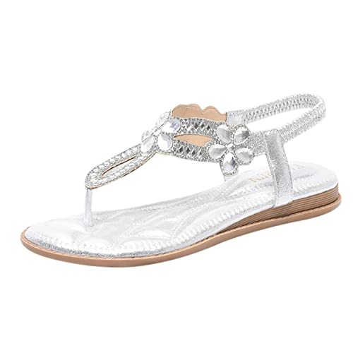 Women’s Flat Thong Sandals,Comfort Elastic Strap Rhinestone Open Toe Slip-On Casual Walking Sandals Rhinestone Decor Beach Shoes 05_White, 9