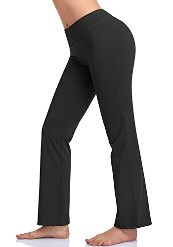 HISKYWIN Inner Pocket Yoga Pants 4 Way Stretch Tummy Control Workout Running Pants, Long Bootleg Flare Pants HF2-Black-M