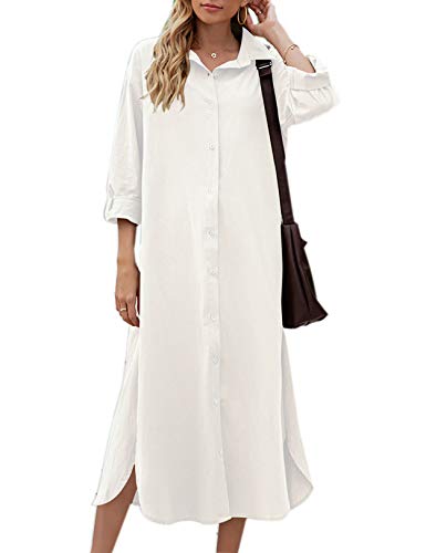 Sopliagon Women Cotton and Linen Shirt Dress Casual Loose Maxi Dresses White XL