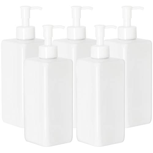Youngever 5 Pack 16 Ounce Plastic Pump Bottles, Refillable Square Plastic Pump Bottles for Dispensing Lotions, Shampoos and More (White)