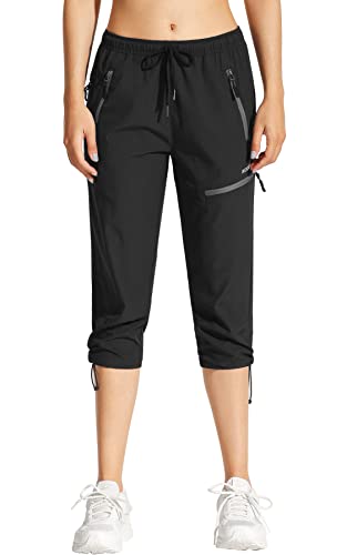 MOCOLY Women's Hiking Capris Pants Outdoor Lightweight Quick Dry Water Resistant UPF 50 Cargo Pants with Zipper Pockets Black XL