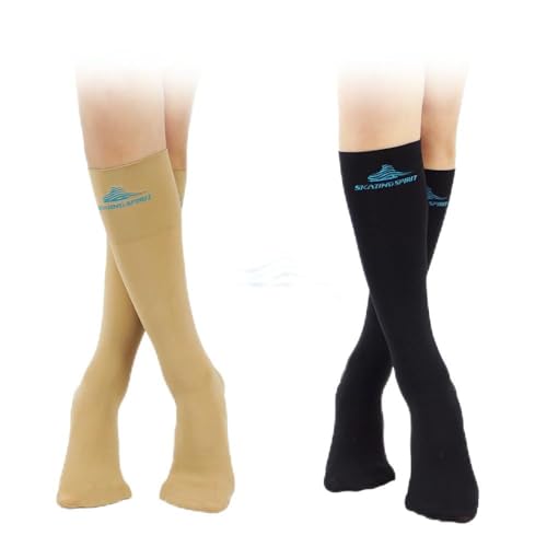 SkatingSpirit Figure Skating Socks (2 Pairs), Knee high, Extra wide cuff band non-slipping (Beige)