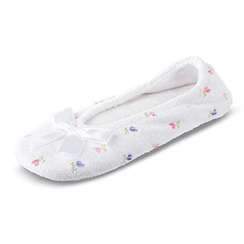 isotoner womens Embroidered Terry Ballerina Slippers Flat Sandals, White Soft Tie Bow, 6.5-7.5 US