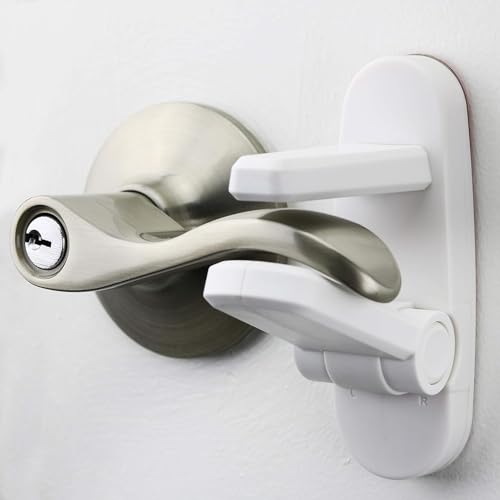 Door Lever Lock (2 Pack) Prevents Toddlers From Opening Doors. 3.25' L * 1.5' W * 4.5' H Easy One Hand Operation for Adults. Durable ABS with 3M Adhesive Backing. Simple Install, No Tools Needed.
