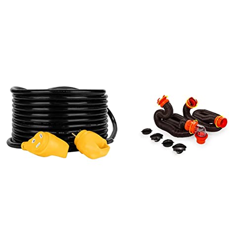 Camco Extension Cord, PowerGrip Heavy-Duty Outdoor 30-Amp RV Extension Cord, 50 Feet (55197) & 20' (39742) RhinoFLEX 20-Foot RV Sewer Hose Kit, Black, Brown