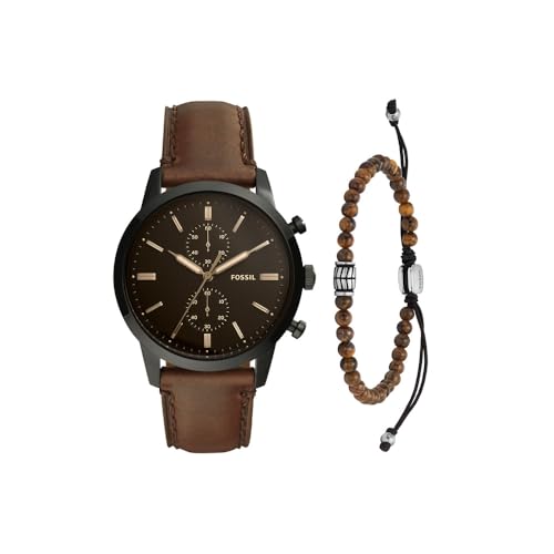 Fossil Men's Townsman Quartz Stainless Steel and Leather Chronograph Watch Men's Beaded Tigers Eye Bracelet