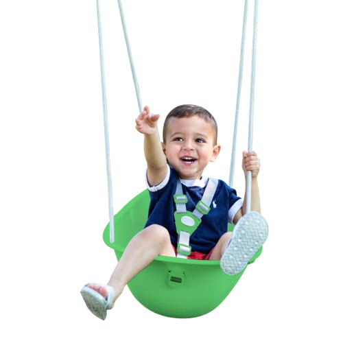 Swurfer Coconut Toddler Swing – Comfy Baby Swing Outdoor, 3- Point Adjustable Safety Harness, Secure, Safe Quick Click Locking System, Blister-Free Rope, Easy Installation, Ages 9 Months and Up, Green