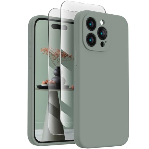 FireNova Designed for iPhone 15 Pro Case, Silicone Upgraded [Camera Protection] Phone Case with [2 Screen Protectors], Soft Anti-Scratch Microfiber Lining Inside, 6.1 inch, Calke Green