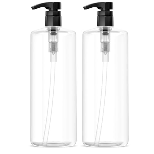 Bar5F Empty Shampoo Bottles with Pumps (2-Pack 32oz/1Liter/Large) BPA-Free PETE1 Plastic Bottle Crystal-Clear