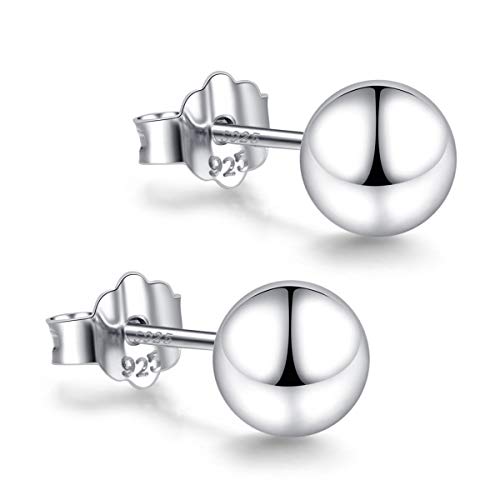 18K White Gold Plated Sterling Silver Ball Stud Earrings 3mm-8mm Options, Simple Polished Ball Studs Hypoallergenic Jewelry (6mm)