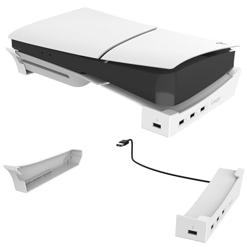 Growalleter PS5 Slim Horizontal Stand, PS5 Slim Stand Horizontal Legs Under The Desk Base Stand, Horizontal Cooling Bracket for Playstation 5 Console Silm with 4 USB 2.0 Ports (White)