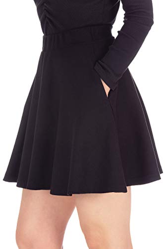 Basic Solid Stretchy Cotton High Waist A-line Flared Casual Skater Mini Skirt (XL, with Pockets Black)