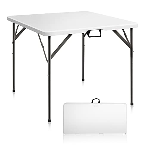 VINGLI 34' Fold in Half Square Table, Bi-Folding Commercial Table, Portable Plastic Dining Card Table for Kitchen or Outdoor Party Wedding Event, White Granite