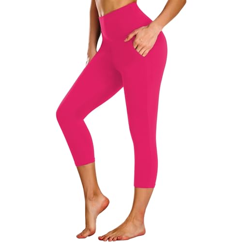 NEW YOUNG Capri Leggings with Pockets for Women High Waisted Workout Leggings Tummy Control Yoga Pants Hot Pink