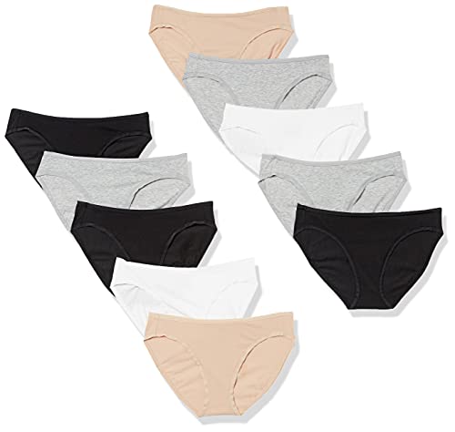 Amazon Essentials Women's Cotton Bikini Brief Underwear (Available in Plus Size), Pack of 10, Black/Grey Heather/Light Pink/White, Medium