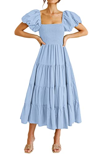 PRETTYGARDEN Women's Casual Summer Midi Dress Puffy Short Sleeve Square Neck Smocked Tiered Ruffle Dresses (Light Blue,Small)