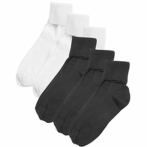 Buster Brown Women's 100% Cotton Fold Over Socks - 6 Pair Pack - White/Black - M