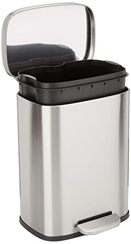 Amazon Basics Smude Resistant Small Rectangular Trash Can With Soft-Close Foot Pedal, Brushed Stainless Steel, 12 Liter/3.1 Gallon, Satin Nickel Finish, 11.3'L x 9.9'W x 15.1'H
