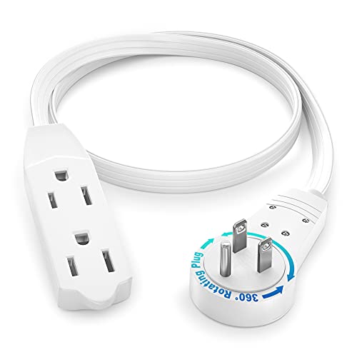 Maximm Cable 1 Ft 360° Rotating Flat Plug Extension Cord/Wire, 16 AWG Multi 3 Outlet Extension Wire, 3 Prong Grounded Wire - White - UL Certified