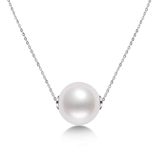 DENGGUANG 18K Gold White Pearl Pendant Necklace June Birthstone 9.5-10mm Freshwater Cultured Single Pearl Necklace with White Gold Plated Silver Chain Gifts for Women Wife Mom Valentines Day