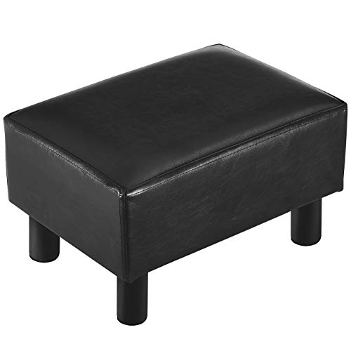 YOUDENOVA 16 inches Footstool Ottoman with 4 Stable Wooden Legs, Small Under Desk Footrest, Black PU Faux Leather Step Stool with Padded Seat for Living Room Bedroom