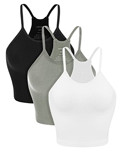 ODODOS Women's Crop Camisole 3-Pack Washed Seamless Rib-Knit Crop Tank Tops, Long Crop, White Gray Black, X-Large/XX-Large