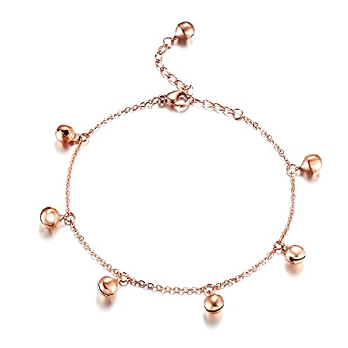 ELBLUVF Stainless Steel Gold Rose Gold Plated Bells Chain Beach Anklets Foot Jewelry Adjustable For Women Girls (RoseGold)