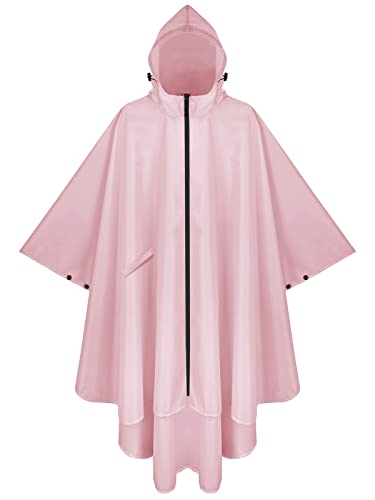 PTEROMY Hooded Rain Poncho for Adult with Pocket and Zipper, Waterproof Lightweight Raincoat for Men and Women (Pink)