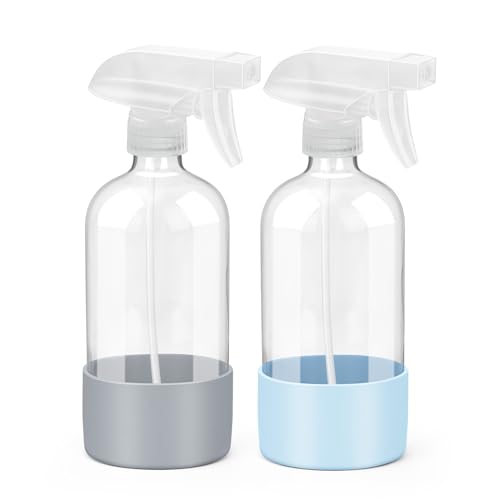 Bontip Glass Spray Bottle with Silicone Sleeve Protection, Empty Clear Bottle Set for Non-toxic Window Cleaners Aromatherapy Facial Hydration Watering Flowers Hair Care (2 Pack/16oz)
