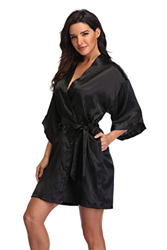 Super Shopping-zone Women's Plus Size Short Robes Satin Bathrobes,Black
