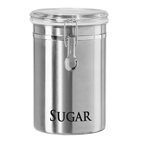 Oggi Stainless Steel Sugar Canister 62 fl oz - Airtight Clamp Lid, Clear See-Thru Top - Ideal Sugar Container for Countertop, Sugar Jar, Bulk Sugar Storage. Large Size 5' x 7.5'.
