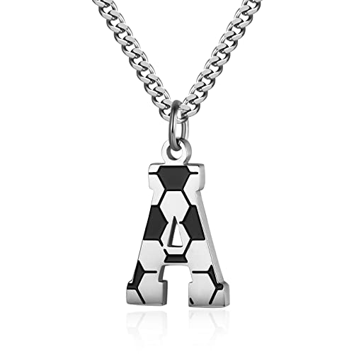 AIAINAGI Soccer Initial A-Z Letter Necklace for Boys Soccer Charm Pendant Stainless Steel Silver Chain 22inch Personalized Soccer Gift for Men Women Girls(A)