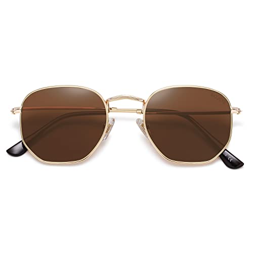 SOJOS Small Square Polarized Sunglasses for Men and Women Polygon Mirrored Lens SJ1072 with Gold Frame/Brown Lens