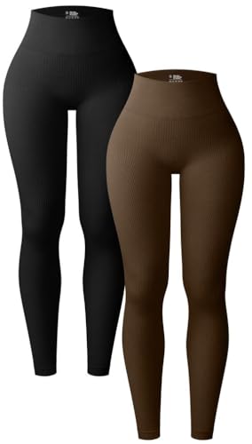 OQQ Women's 2 Piece Yoga Leggings Ribbed Seamless Workout High Waist Athletic Pants Black Coffee