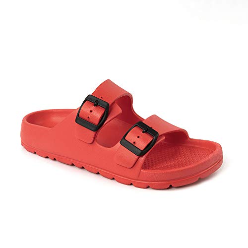 FUNKYMONKEY Women's Comfort Slides Double Buckle Adjustable EVA Flat Sandals (9 M US, New Red B)