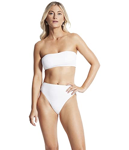 Seafolly Women's Standard Rise Cheeky Coverage Hi Leg Bikini Bottom Swimsuit, Sea Dive White, 6