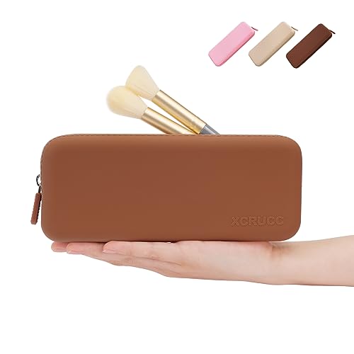 XCRUCC Travel Makeup Brush Holder,Silicone Makeup Brush Holder,Makeup Brush Bbag,BPA free Travel Accessories-Brown