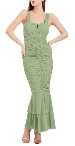 CHARTOU Women's Sleeveless Strappy Prom Party Evening Ruched Bodycon Mermaid Fishtail Maxi Dress (Medium, Sage Green)